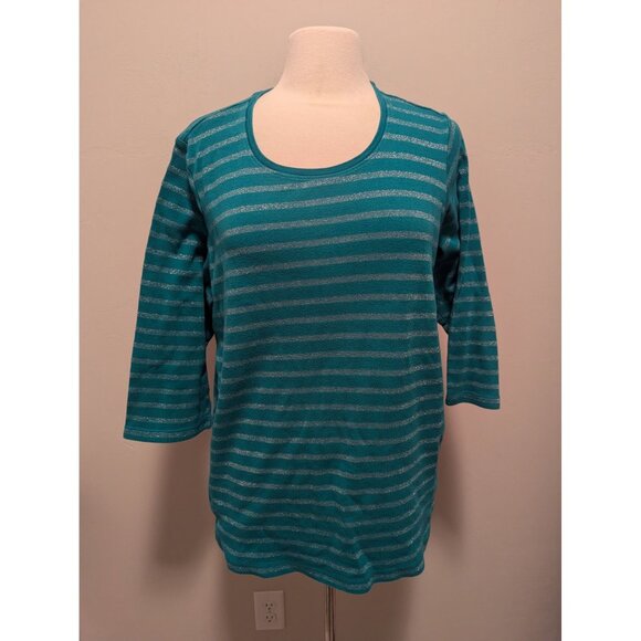 Laura Scott 2X 3/4 Sleeve Top Green Stripe - Picture 1 of 4